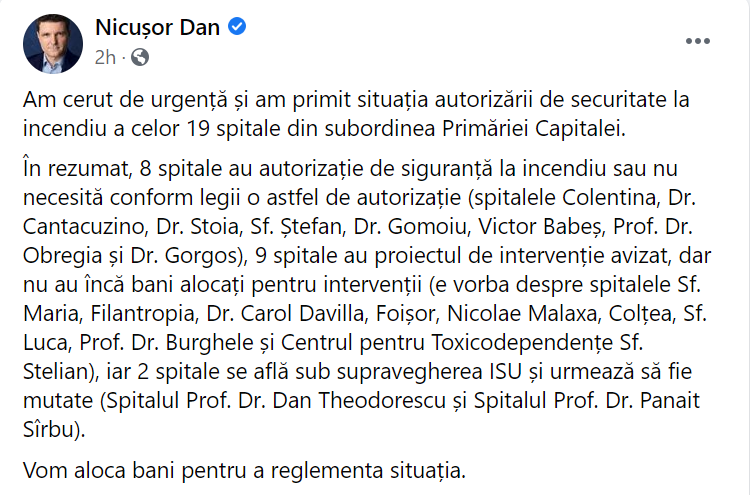 Nicușor Dan: 9 spitale din subordinea Primăriei București nu au bani pentru intervenții de securitate la incendiu