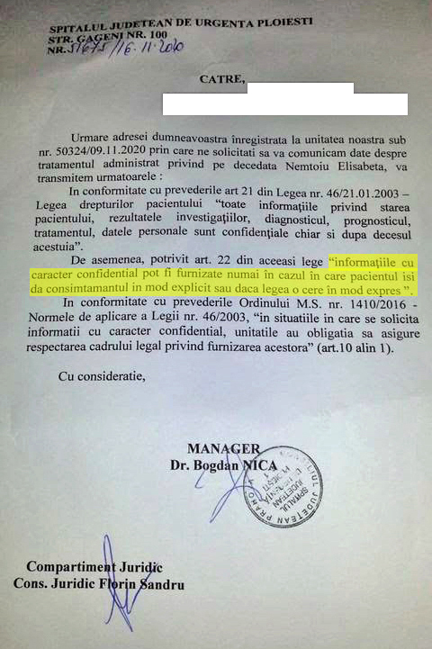 A cerut dosarul medical al mamei moarte de COVID, iar managerul spitalului i-a spus că-l poate elibera numai cu acordul decedatei