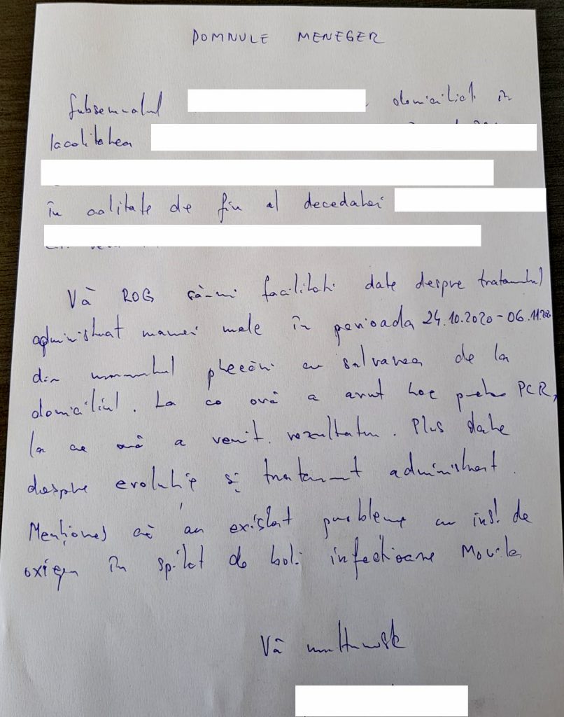 A cerut dosarul medical al mamei moarte de COVID, iar managerul spitalului i-a spus că-l poate elibera numai cu acordul decedatei