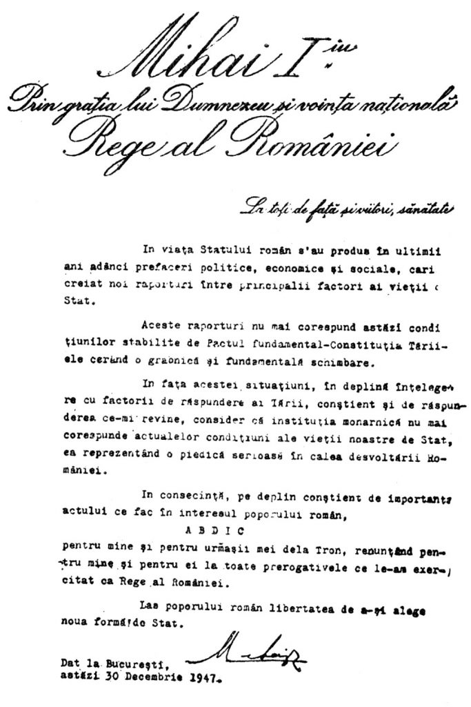 73 de ani de la 30 decembrie 1947, ziua în care comuniștii l-au șantajat pe Regele Mihai să abdice