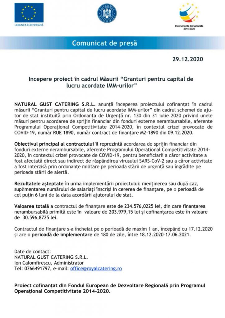 (Publicitate) Comunicat de presă: Începere proiect în cadrul Măsurii “Granturi pentru capital de lucru acordate IMM-urilor”