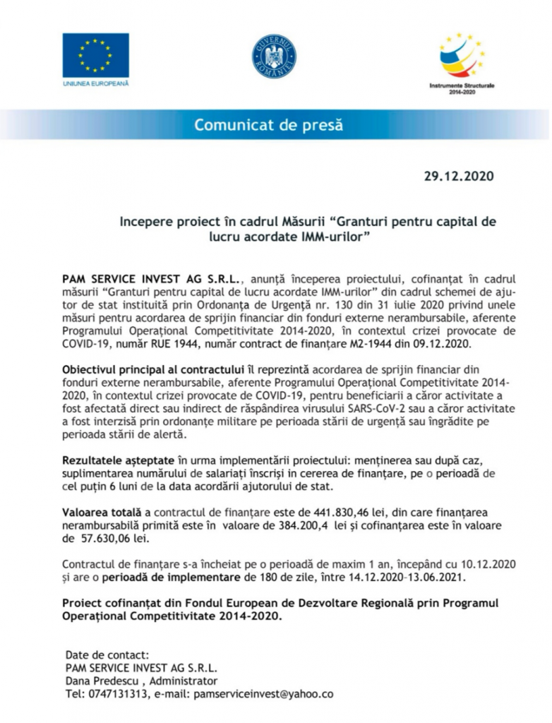 (Publicitate) Comunicat de presă - Începere proiect în cadrul Măsurii “Granturi pentru capital de lucru acordate IMM-urilor”