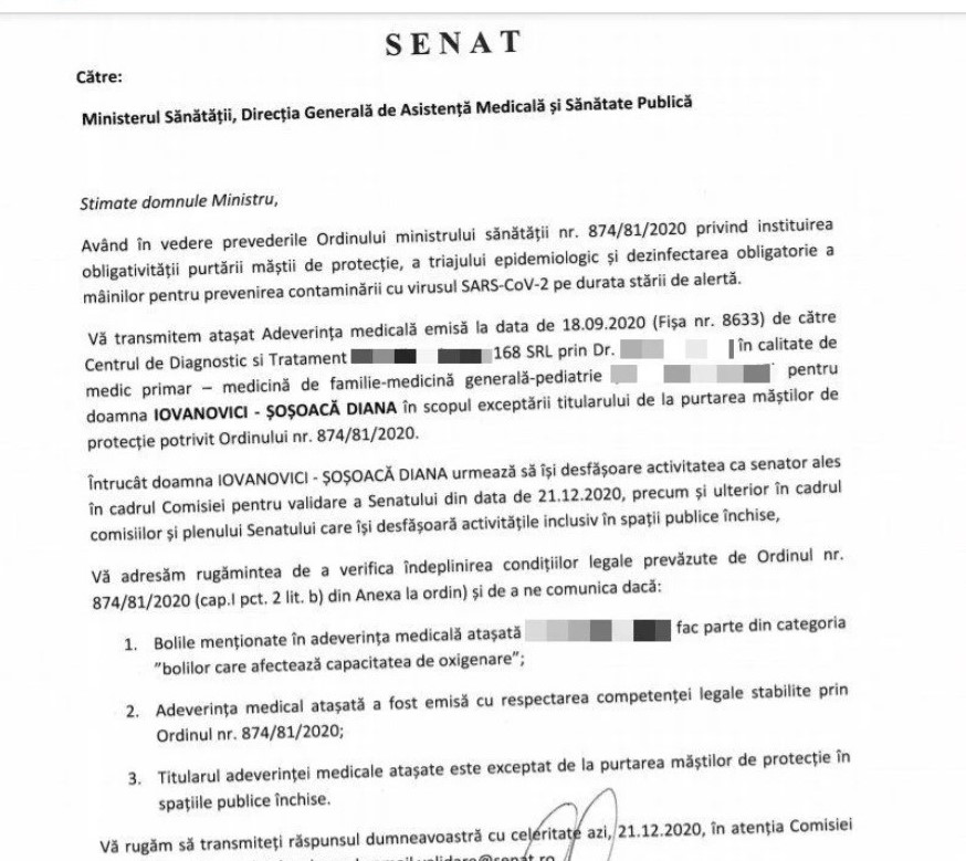Senatul cere verificarea adeverinței care o exceptează pe Diana Șoșoacă de la purtarea măștii
