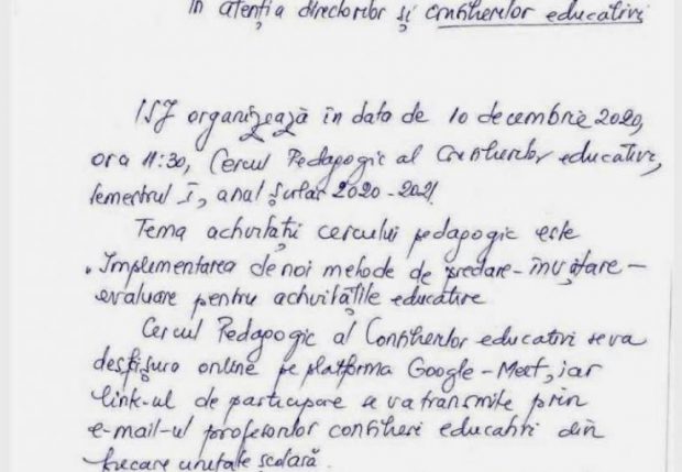 IȘJ Dolj le-a trimis directorilor unităților de învățământ preuniversitar o notă telefonică scrisă cu pixul