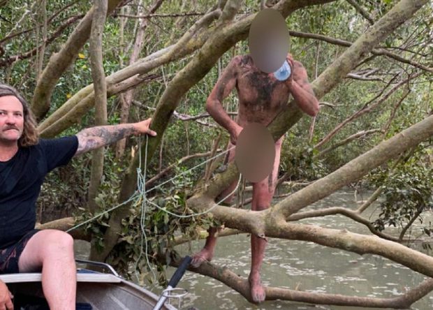 Un infractor periculos dezbrăcat a fost salvat de doi pescari dintr-un copac. Era acolo de patru zile
