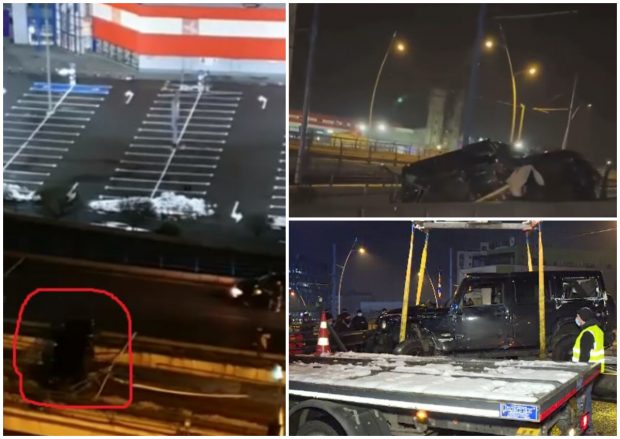 VIDEO / Jeep aproape să cadă de pe Podul Basarab. Mașina a fost abandonată de șofer, după ce a zburat cu ea pe liniile de tramvai