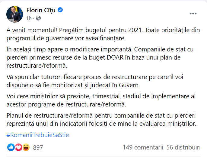 Florin Cîțu: ”Companiile de stat cu pierderi primesc resurse de la buget doar în baza unui plan de restructurare”