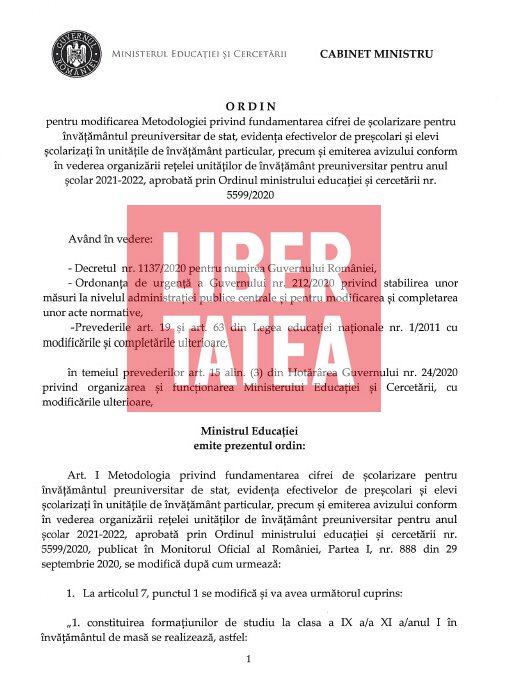 DOCUMENT | Se reduce numărul elevilor în clasele de liceu. Măsura intră în vigoare anul școlar viitor