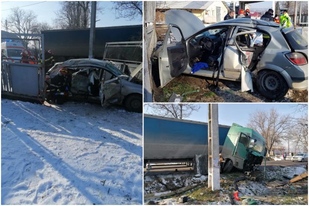 VIDEO | Trei morți la Iași, în mașina condusă de o șoferiță de 18 ani care n-a acordat prioritate unui TIR. Fata a scăpat cu viață