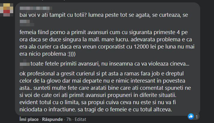 „Toate primiți avansuri, nu înseamnă că vă violează”. Tânăra hărțuită de curierul Glovo a fost bombardată cu mesaje care o învinovățesc pe ea
