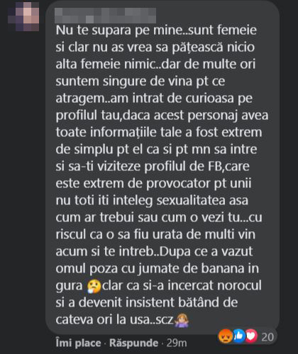 „Toate primiți avansuri, nu înseamnă că vă violează”. Tânăra hărțuită de curierul Glovo a fost bombardată cu mesaje care o învinovățesc pe ea