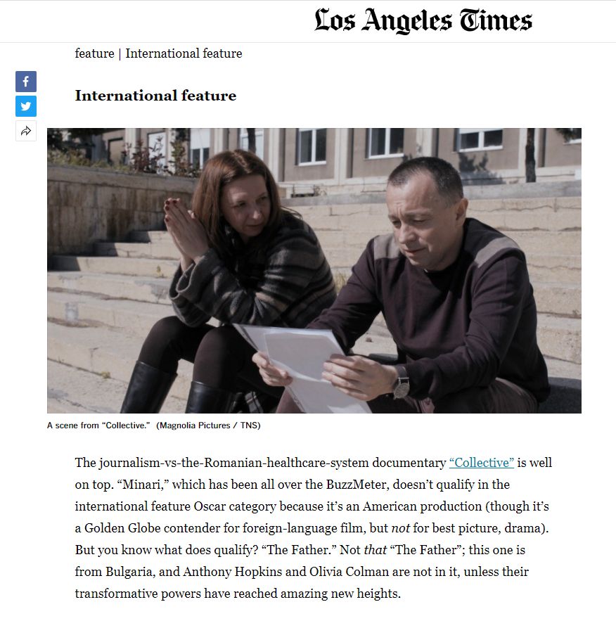 Deferență pentru România: Los Angeles Times numește Colectiv drept prim favorit la premiul Oscar 2021, dintre filmele a 92 de țări!
