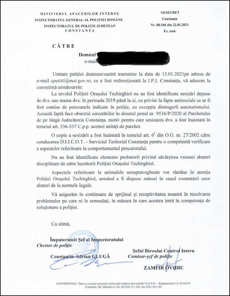 DOCUMENT. Poliția Constanța și DIICOT știau despre caii abuzați ai procurorului Țucă din Techirghiol, dar nu au făcut nimic!