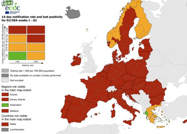 Zonele cele mai afectate de Covid din UE, marcate cu roșu închis. Restricțiile vor fi severe