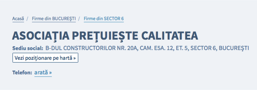 Pagina de media a descoperit că Asociația Prețuiește Calitatea, care a plătit difuzarea spotului publicitar mincinos, are sediul în clădirea deținută de Vel Pitar