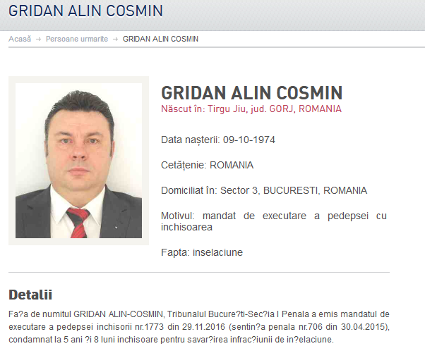 Comisarul-șef de poliție care petrecea cu interlopii din Capitală fentează de patru ani pușcăria. Alin Gridan a dispărut după ce a fost condamnat la 5 ani și 8 luni