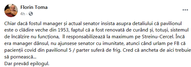 Scriitorul Florin Toma, despre cum a suferit de frig la Spitalul Matei Balș: „Caloriferele erau reci, am pus mai multe pături pe mine”