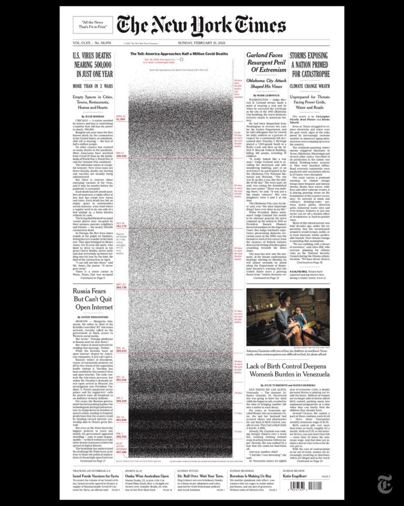 „Zidul durerii”, cum arată prima pagină din New York Times, realizată când SUA se apropie de 500.000 de decese din cauza COVID-19