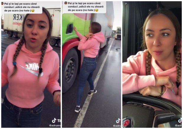 VIDEO | Șoferiță românca de TIR cu 380.000 de urmaritori pe TikTok explică de ce nu-i cad ghetele de pe scara camionului, când e la volan