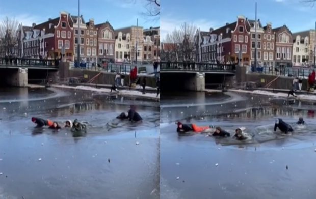 Mai mulţi patinatori de ocazie din Amsterdam au fost salvaţi de spectatori, după ce gheaţa de pe un canal a cedat
