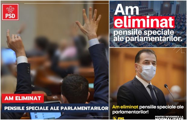 FOTO – Cum se laudă PSD, PNL și USR-PLUS că au eliminat pensiile speciale ale parlamentarilor. Mesaje la indigo pe Facebook