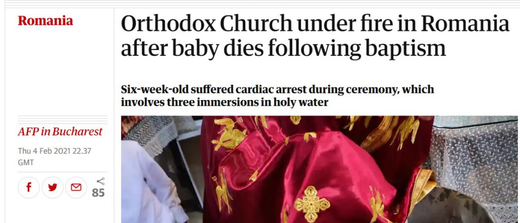 Cazul bebelușului mort la botez, în Suceava, în presa internațională. The Guardian scrie că Biserica Ortodoxă e presată să schimbe ritualul