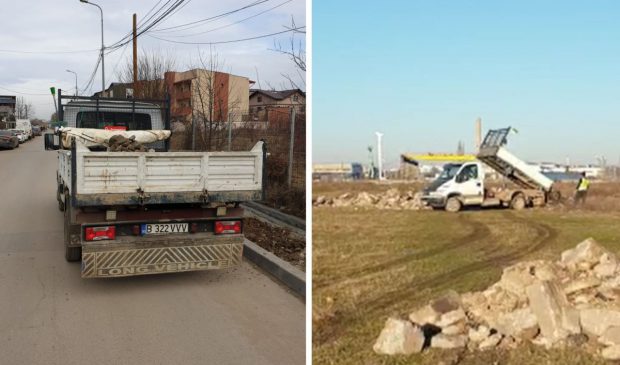 VIDEO EXCLUSIV | Mașină care strânge un trotuar și bordurile vechi din Sectorul 3 le aruncă pe câmp și pe un teren viran. Negoiță: „Cine a făcut asta e un prost”