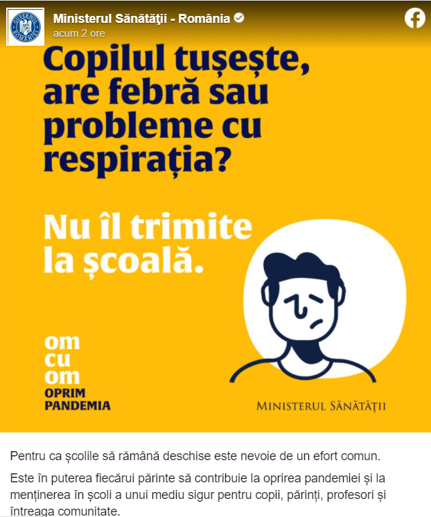 Ministerul Sănătății, mesaj pentru părinți: "Înainte să duci copilul la școală, fii atent la cum se simte"