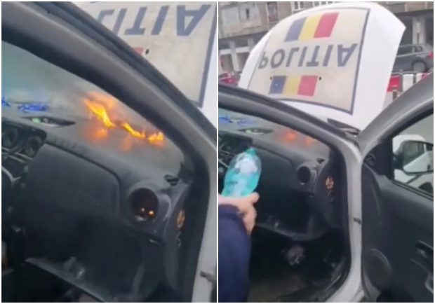 Mașina poliției a luat foc în centrul Bucureștiului, un agent stinge focul cu sticla de apă de 0,5 l: „Ia foaia de parcurs Pepenică”