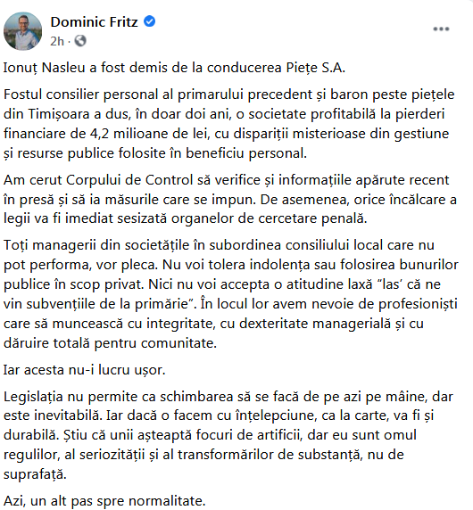 Primarul Timișoarei l-a demis pe Ionuț Nasleu, șeful Piețelor: „A dus o societate profitabilă la pierderi de 4.200.000 de lei”