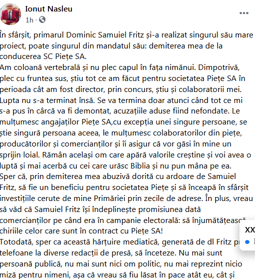 Primarul Timișoarei l-a demis pe Ionuț Nasleu, șeful Piețelor: „A dus o societate profitabilă la pierderi de 4.200.000 de lei”
