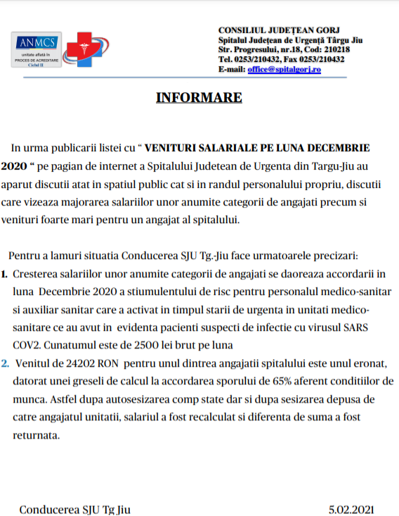 Cum explică managerul Spitalului Județean din Gorj salariile uriașe încasate de angajați. O spălătoreasă a primit aproape 5.600 de lei pe lună