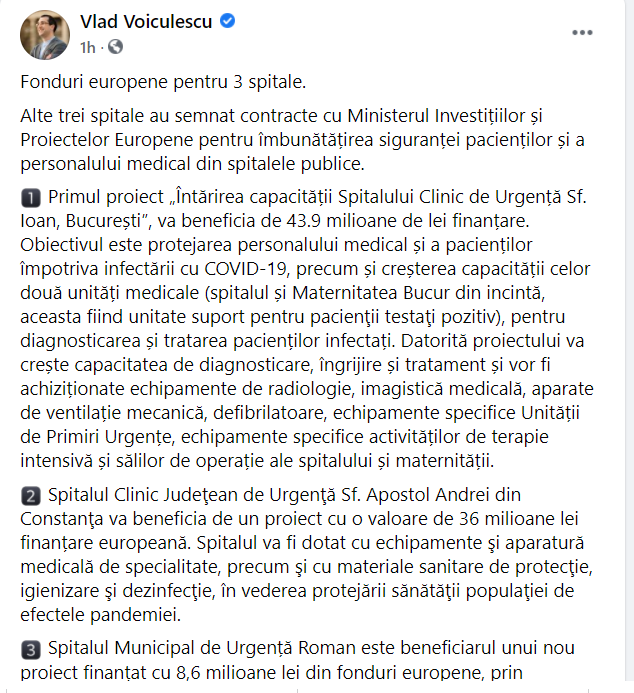 Trei spitale din România vor fi modernizate cu fonduri europene, anunță ministrul sănătății, Vlad Voiculescu