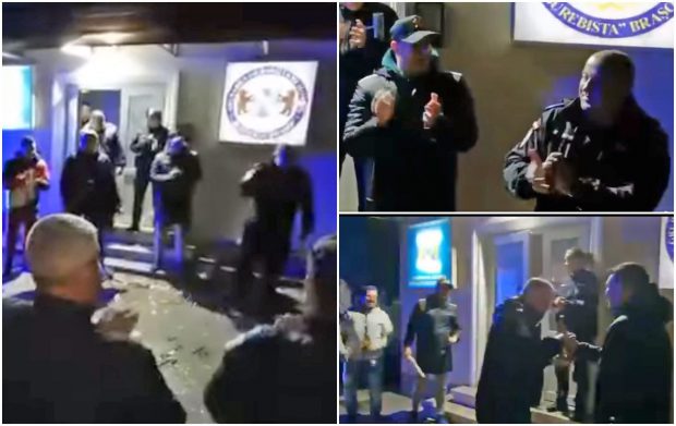 Jandarmii de la o unitate din Brașov și-au sărbătorit șeful la pensionare, cu confetti și șampanie, chiar în fața sediului unității