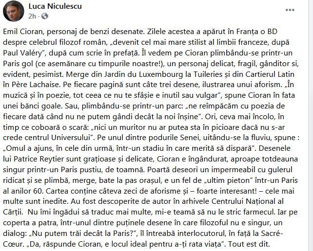 Filosoful român Emil Cioran, personaj de benzi desenate în Franța. „Personaj delicat, fragil, gânditor și, evident, pesimist”