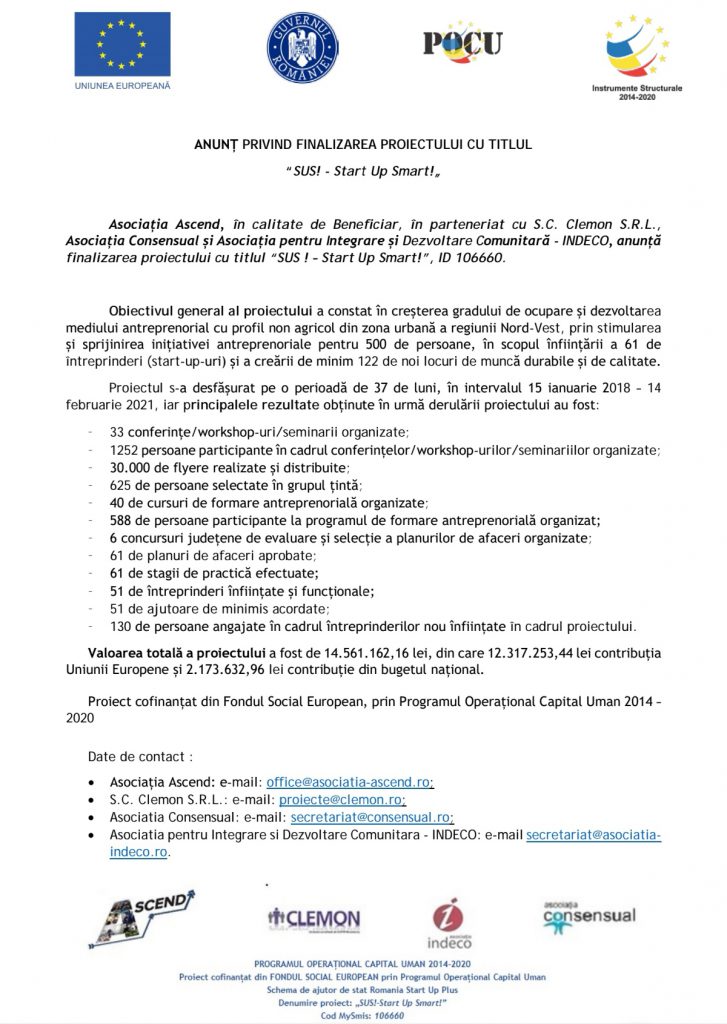 (Publicitate) Anunț privind finalizarea proiectului “SUS! - Start Up Smart!„