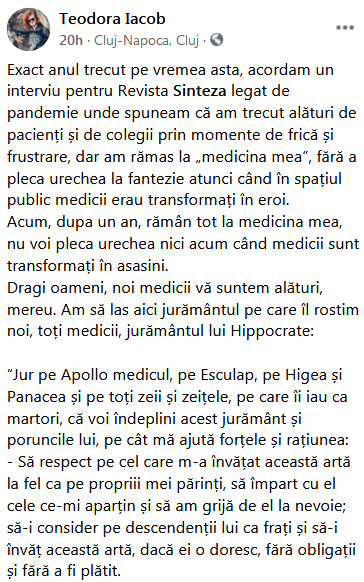 Mesajul unui doctor de la Spitalul de Boli Infecțioase Cluj: „Nu voi pleca urechea când ne numiți asasini. Dragi oameni, noi, medicii, vă suntem alături, mereu”