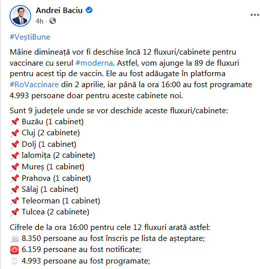 12 noi cabinete de vaccinare cu Moderna. În ce județe de deschid centrele
