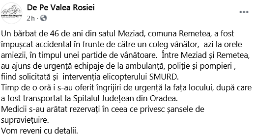 Bărbat în stare gravă, după ce a fost împușcat în cap la o partidă de vânătoare ilegală, în Bihor