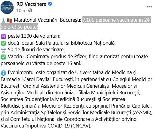 Câte persoane s-au vaccinat la maratonul din București în 24 de ore