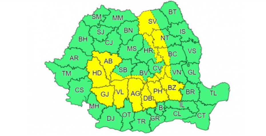 Un nou cod galben de vijelii, ploi torențiale și grindină. Harta zonelor vizate