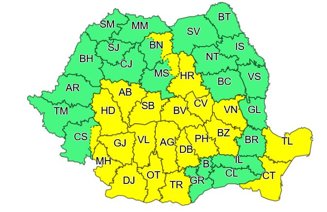 Cod galben de ploi torențiale, vijelii și grindină în 22 de județe. Cum va fi vremea în București