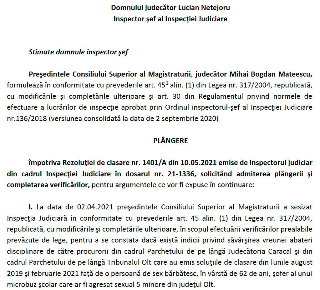 Procurorii care au închis dosarul șoferului reclamat că pipăia fetițe, acuzați de șeful CSM că au distorsionat legea