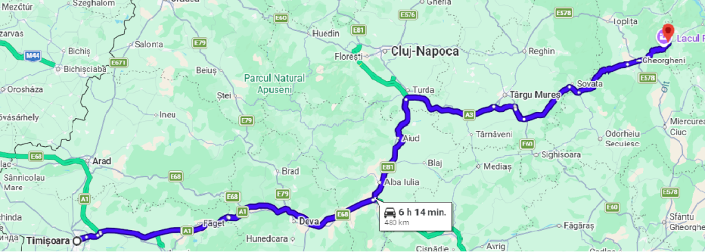 Cheile Bicazului - Hartă traseu auto Timişoara - Cheile Bicazului.