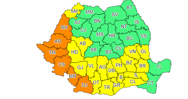 Cod portocaliu și cod galben de vijelii și caniculă în aproape toată țara, până joi