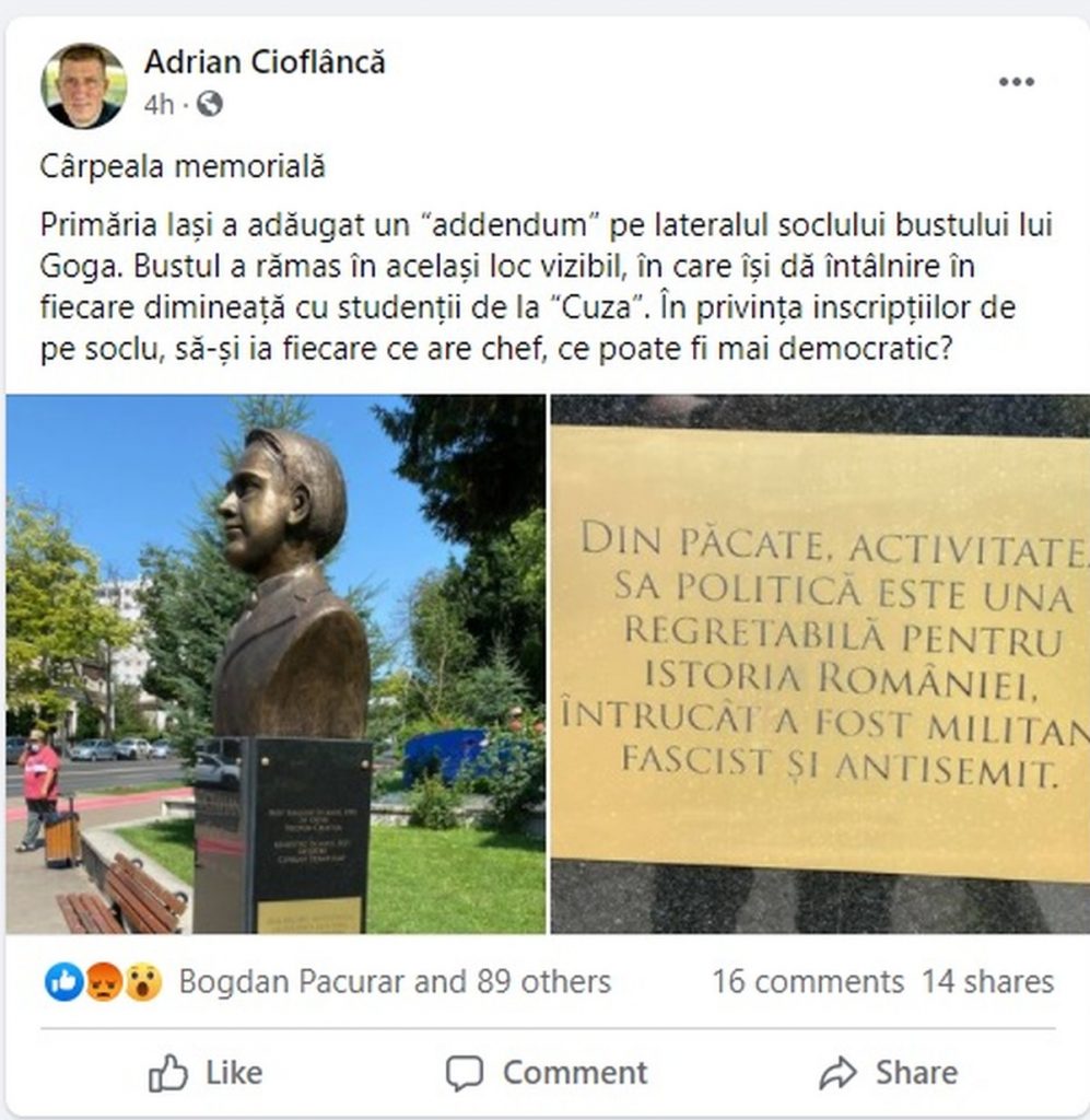 Statuia lui Octavian Goga din Iași are o plăcuță care îl acuză de fascism și antisemitism. Ce spune primarul Mihai Chirica