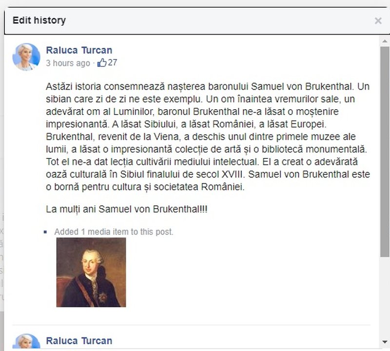 Raluca Turcan i-a urat „La mulţi ani!” baronului Samuel von Brukenthal, decedat în 1803. Precizările ministrului