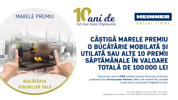 Câștigă bucătăria visurilor tale. Sau unul din cele 10 pachete de premii săptămânale. Cu HEINNER. 10 ani de tot mai bine împreună.