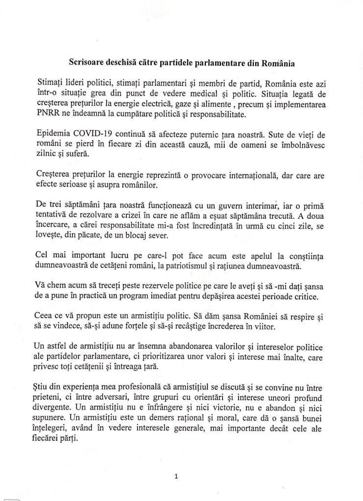 Nicolae Ciucă a trimis o scrisoare în care propune partidelor un armistițiu. Cîțu: „Până trecem de această iarnă”