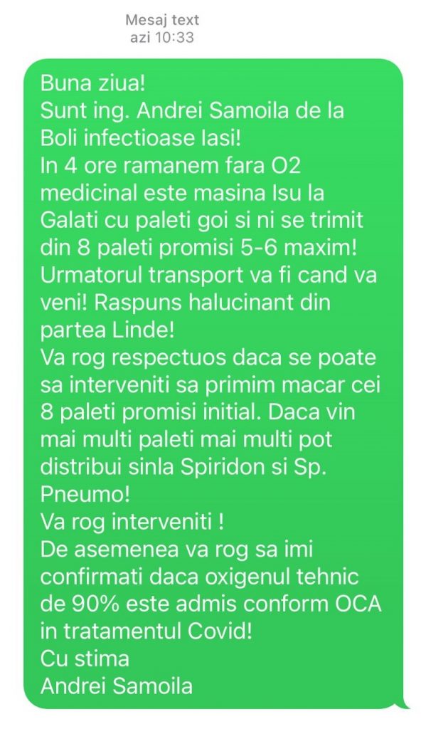 Medicii din Iași, apel disperat pentru oxigen. După ce au anunțat că mai au stoc pentru cinci ore, au primit rezerve suficiente până mâine